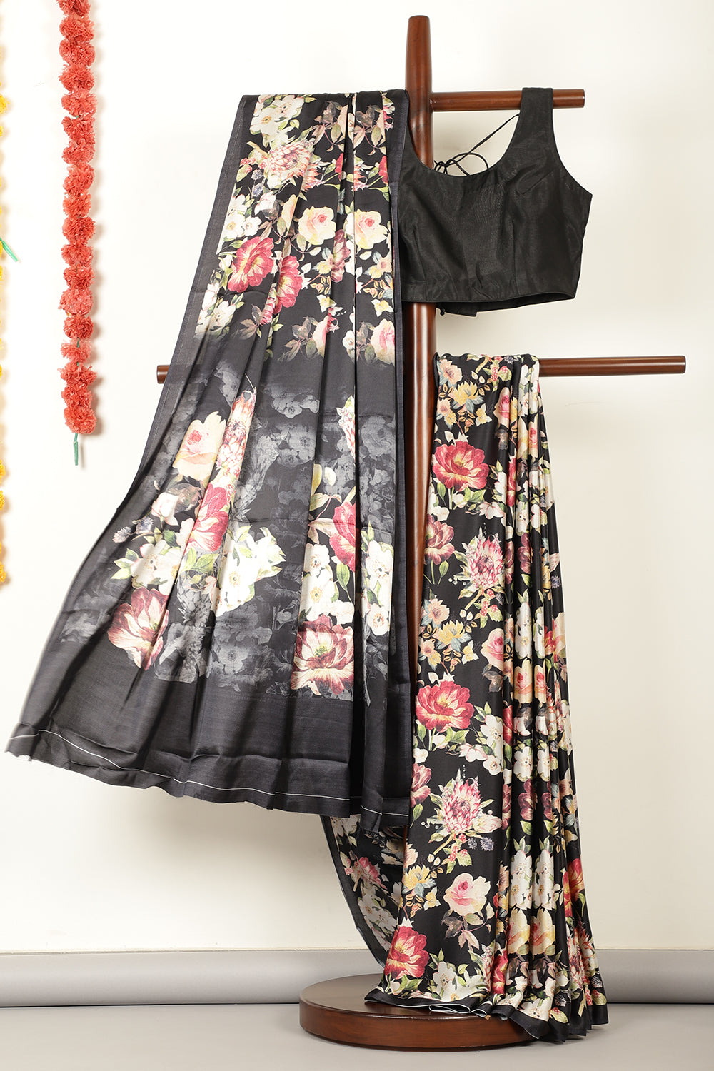 Black Floral Printed Crepe Silk Saree