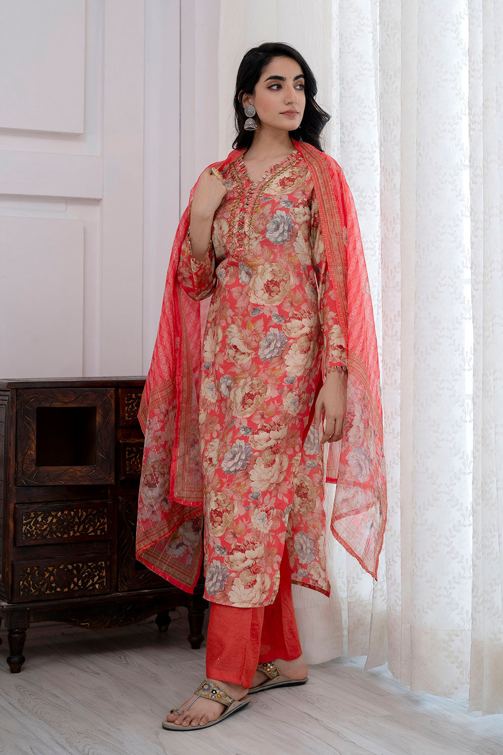 Coral Color Muslin Floral Printed Straight Suit
