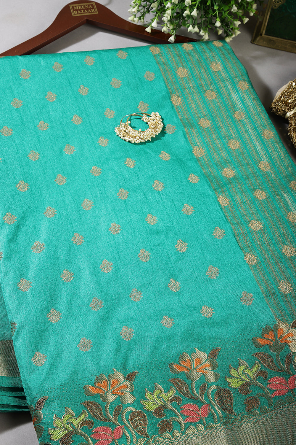Teal Green Color Silk Resham & Zari Woven Saree