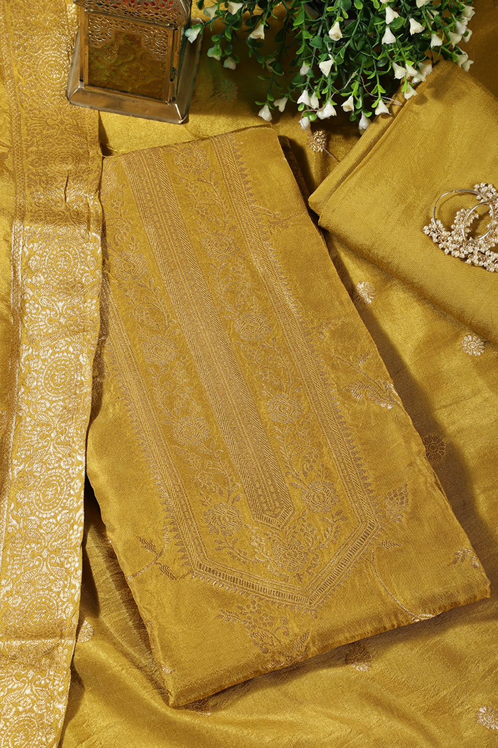 Olive Green Banarsi Floral Woven Silk Unstitched Suit