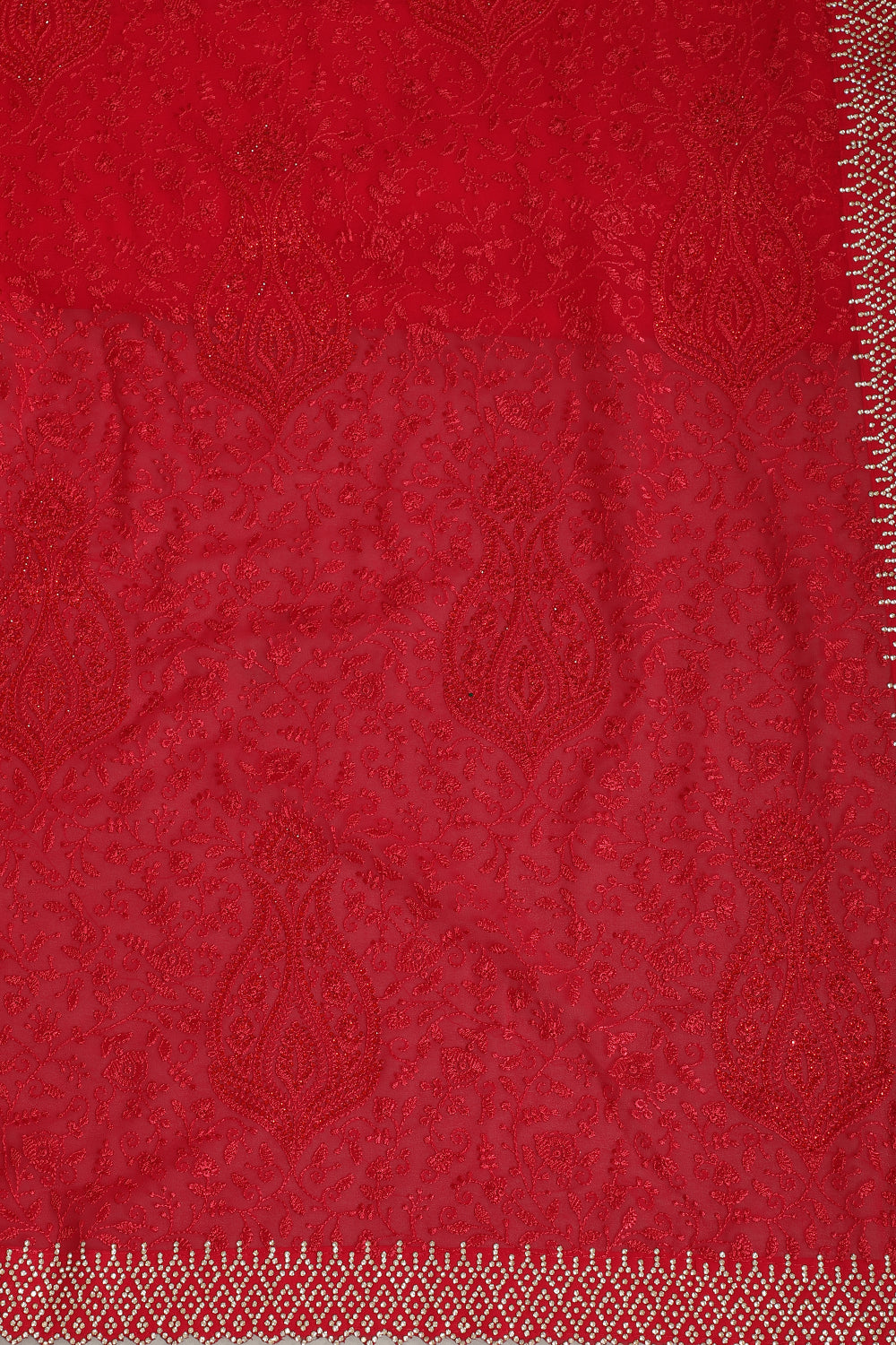 Valentine Red Georgette Resham Floral Jal Woven And Swarovski Work Saree