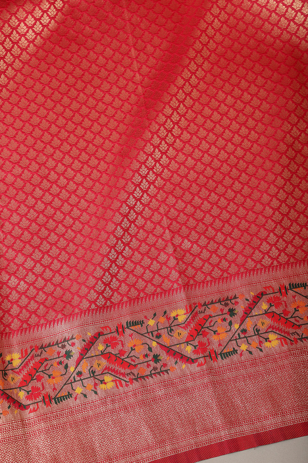 Cardinal Red Soft Silk Zari and Resham woven Paithani Work Saree