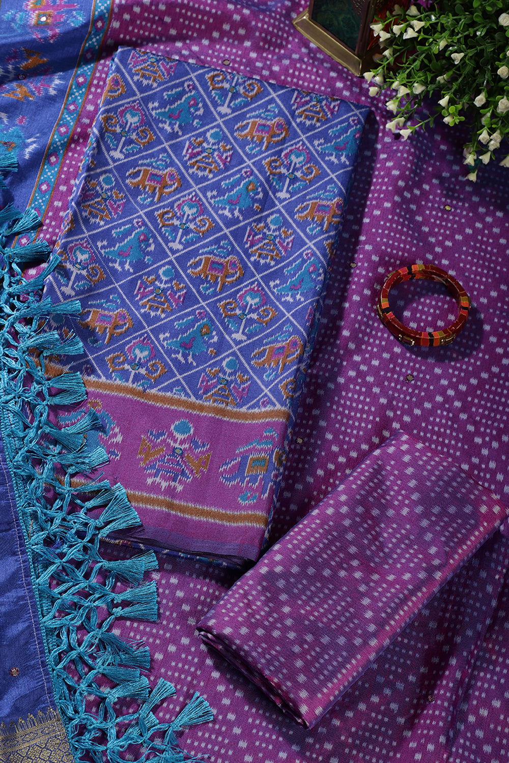 Royal Blue & Purple Crepe Silk Woven Embroidered Unstitched Suit Fabric