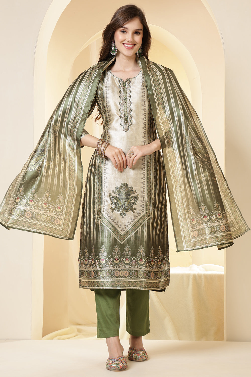 Green Color Chanderi Silk Printed Straight Suit