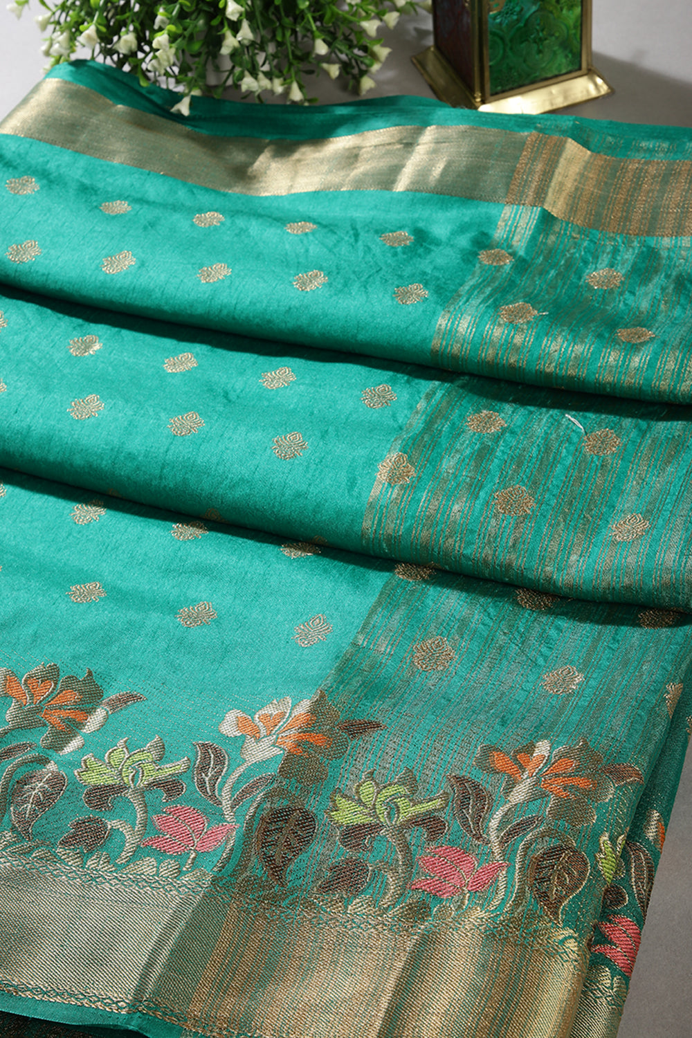 Teal Green Color Silk Resham & Zari Woven Saree