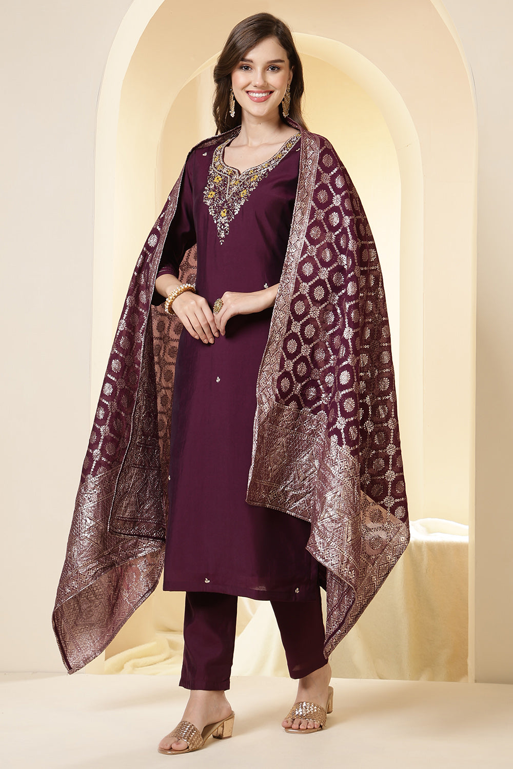 Wine Color Silk Neck Embroidered Suit Set