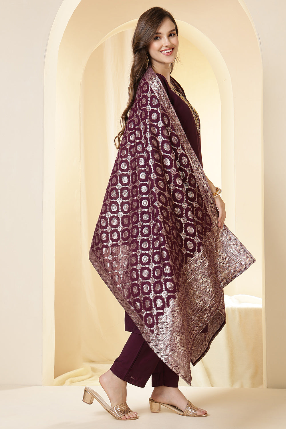 Wine Color Silk Neck Embroidered Suit Set