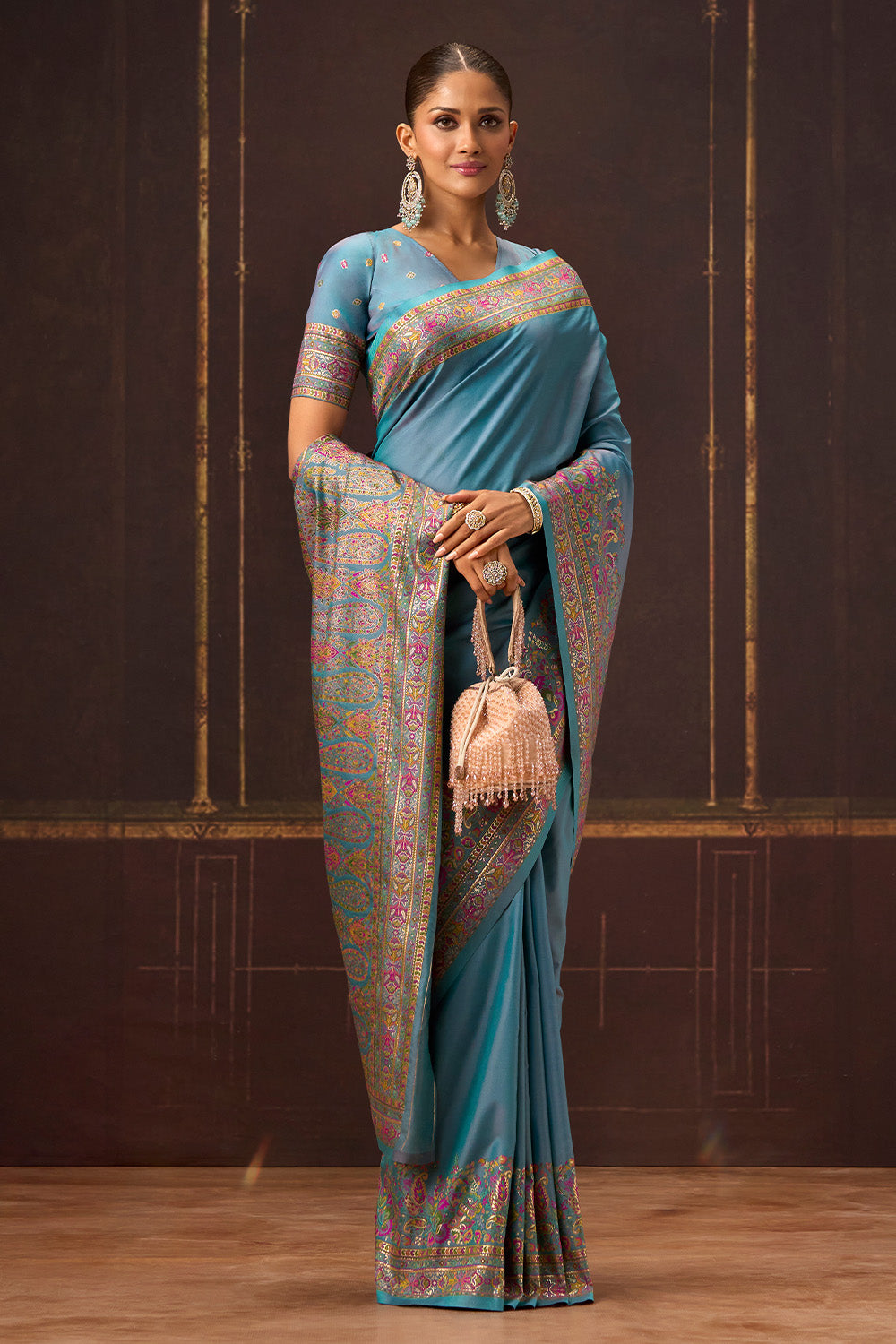 Firozi Color Soft Silk Kalamkari Woven Saree