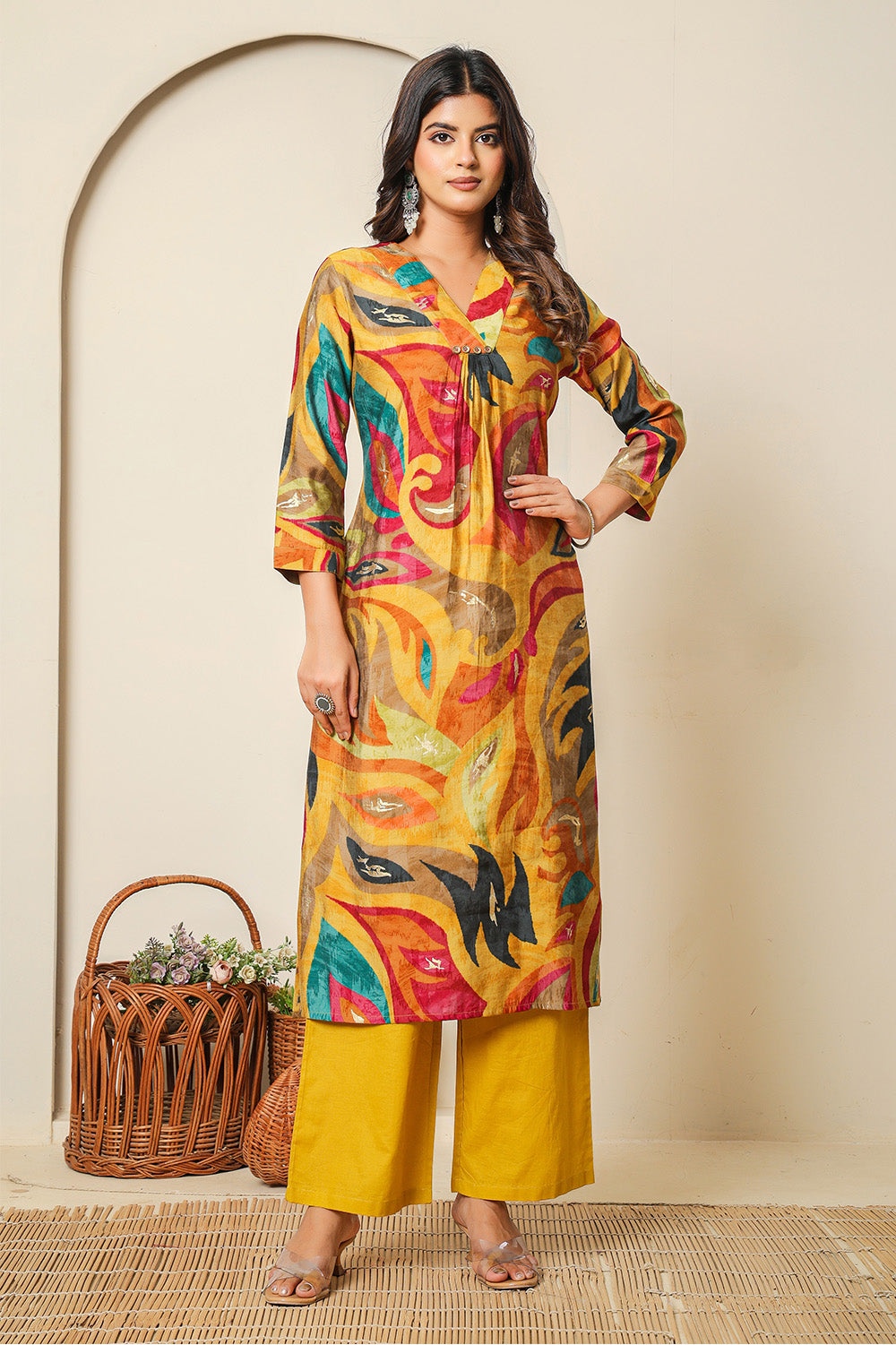 Mustard Abstract Printed Muslin Long Kurta