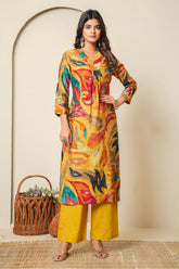 Mustard Abstract Printed Muslin Long Kurta