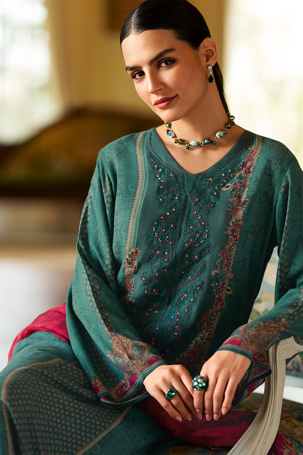 Teal Spun Printed and Embroidered Unstitched Suit Material