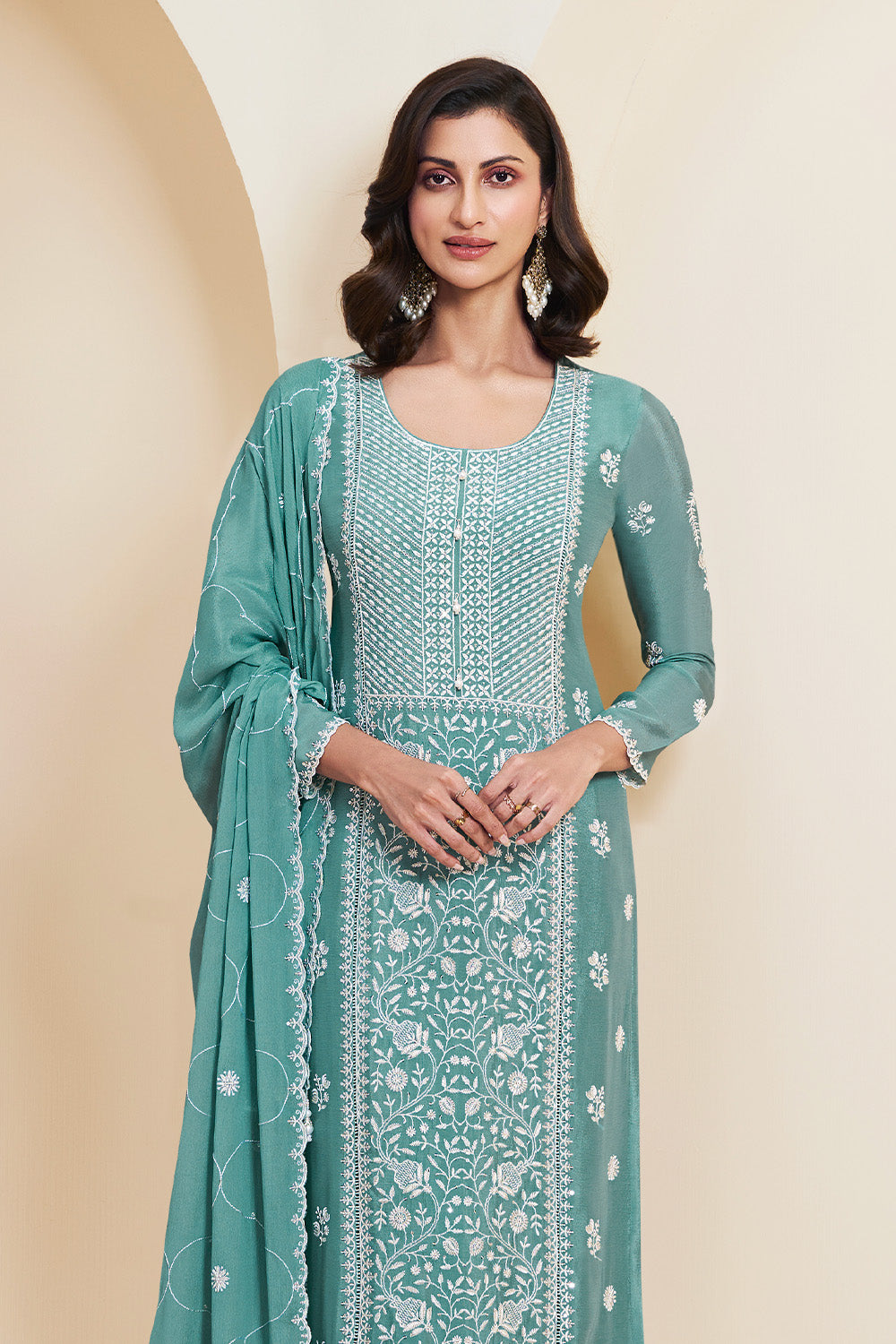 Teal Crepe Silk Embroidered Unstitched Suit