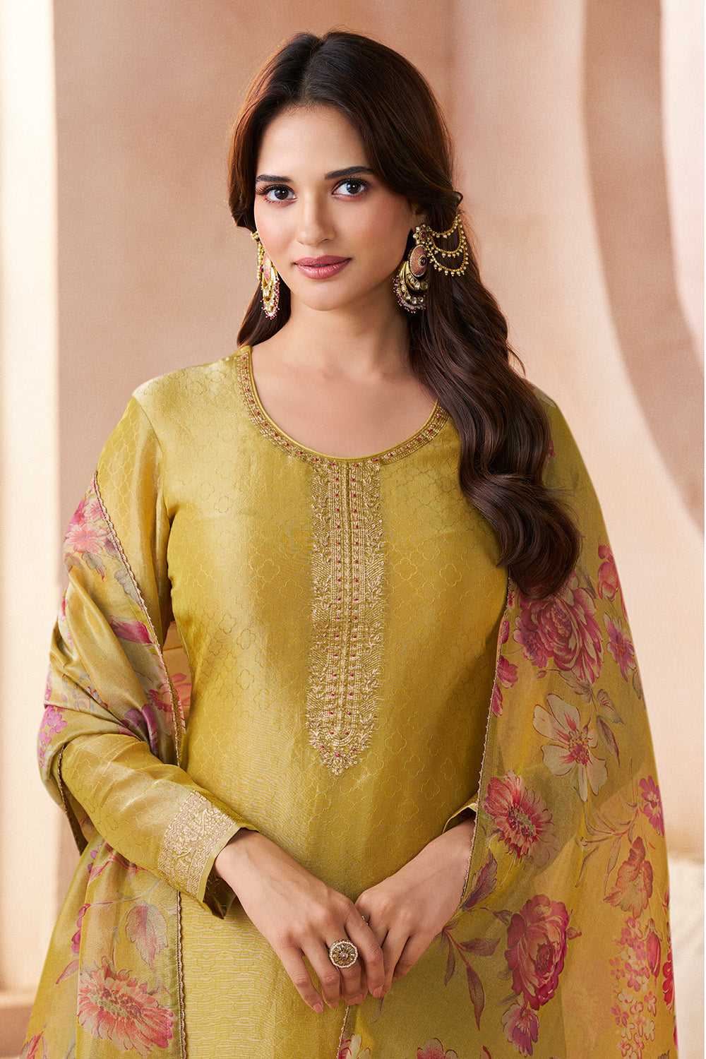 Olive Green Metallic Tissue Zari Woven Unstitched Suit Material