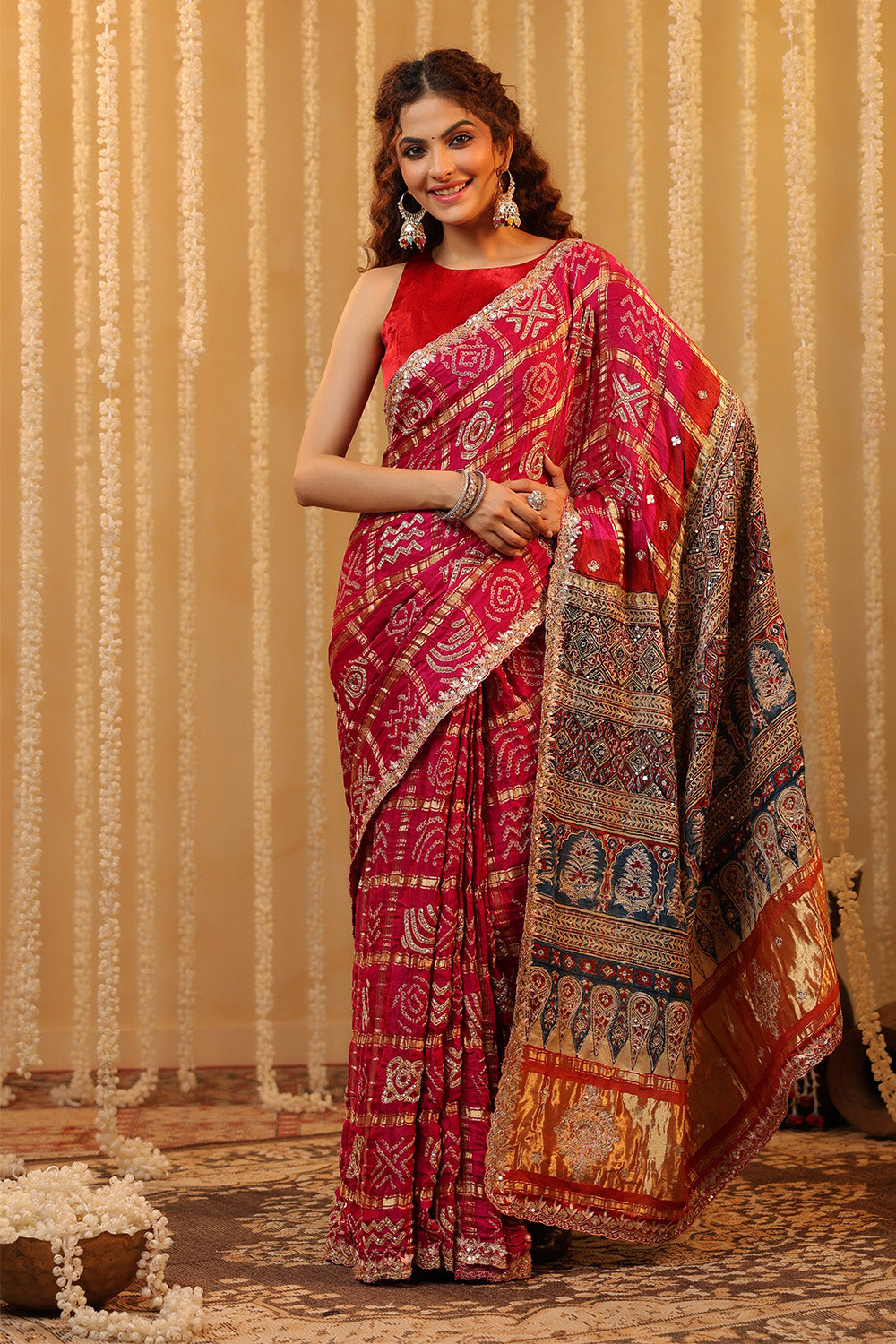 Magenta Pink Pure Gajji Silk Printed And Embroidered Saree