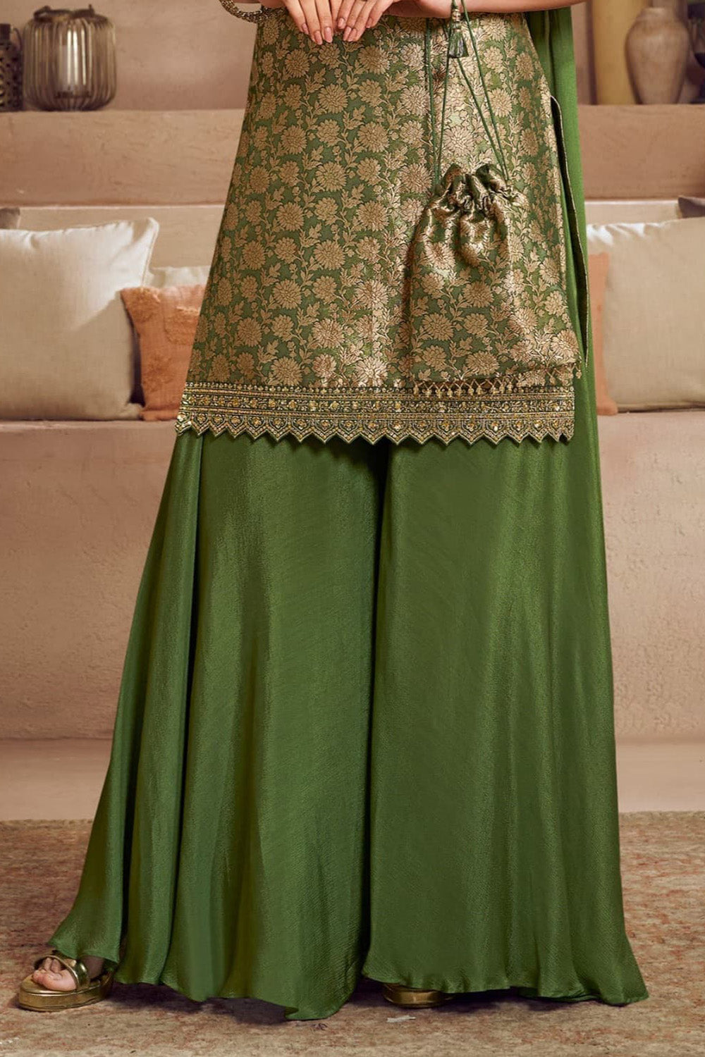 Green Silk Woven and Neck-Embroidered Suit With Palazzo