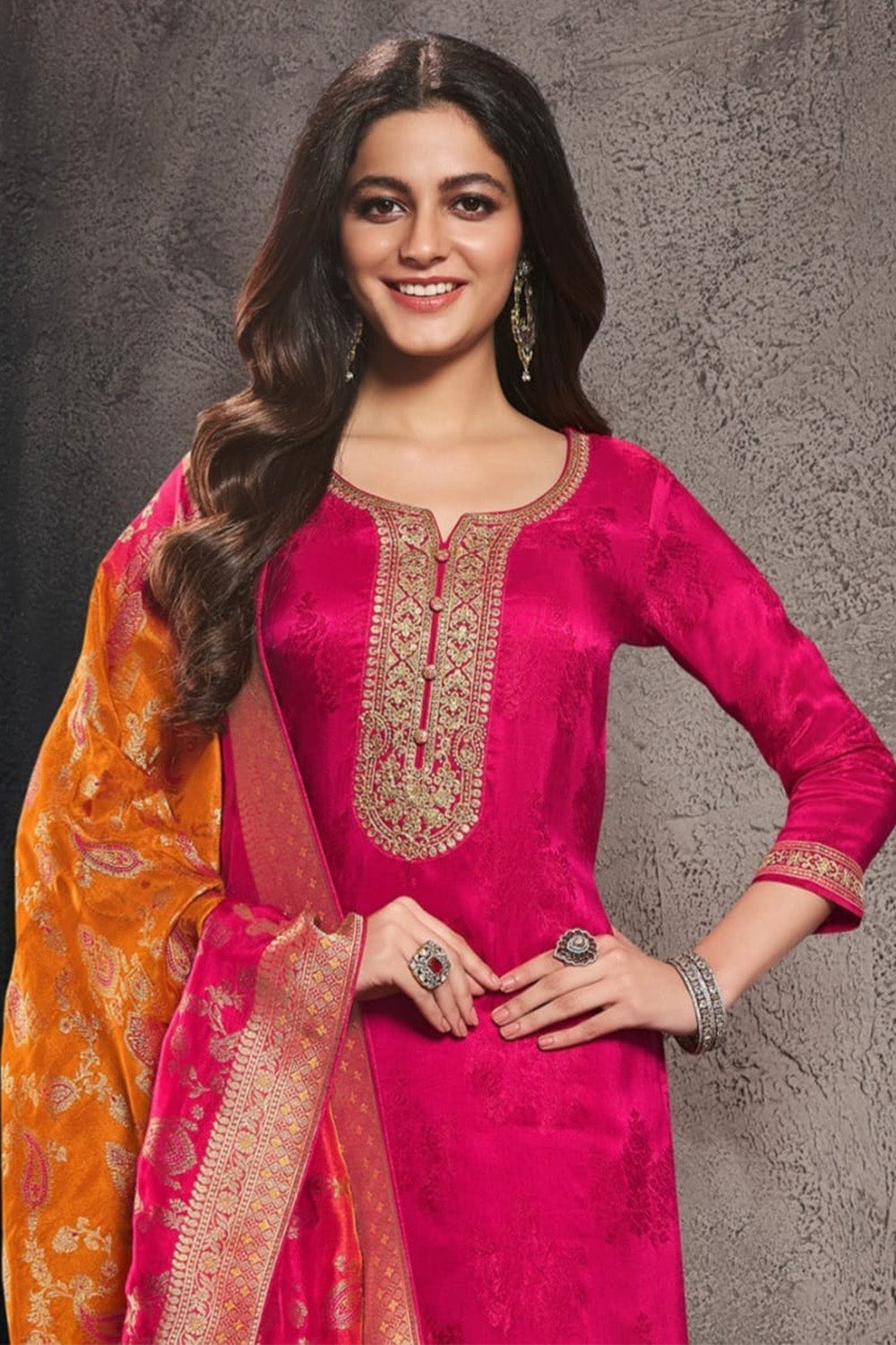 Carmine Silk Embroidered & Woven Suit Set