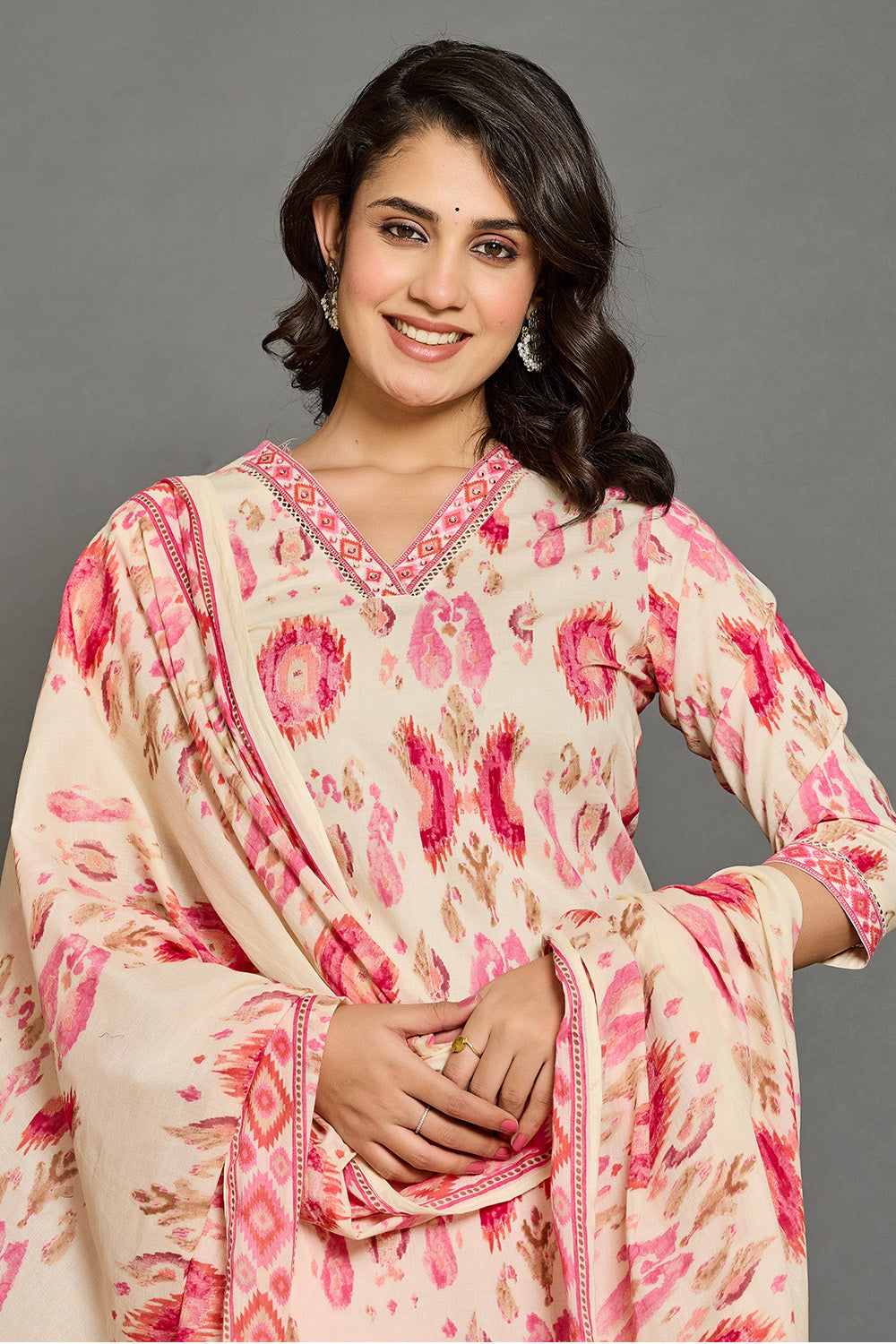 Cream & Pink Cotton Printed Straight Suit