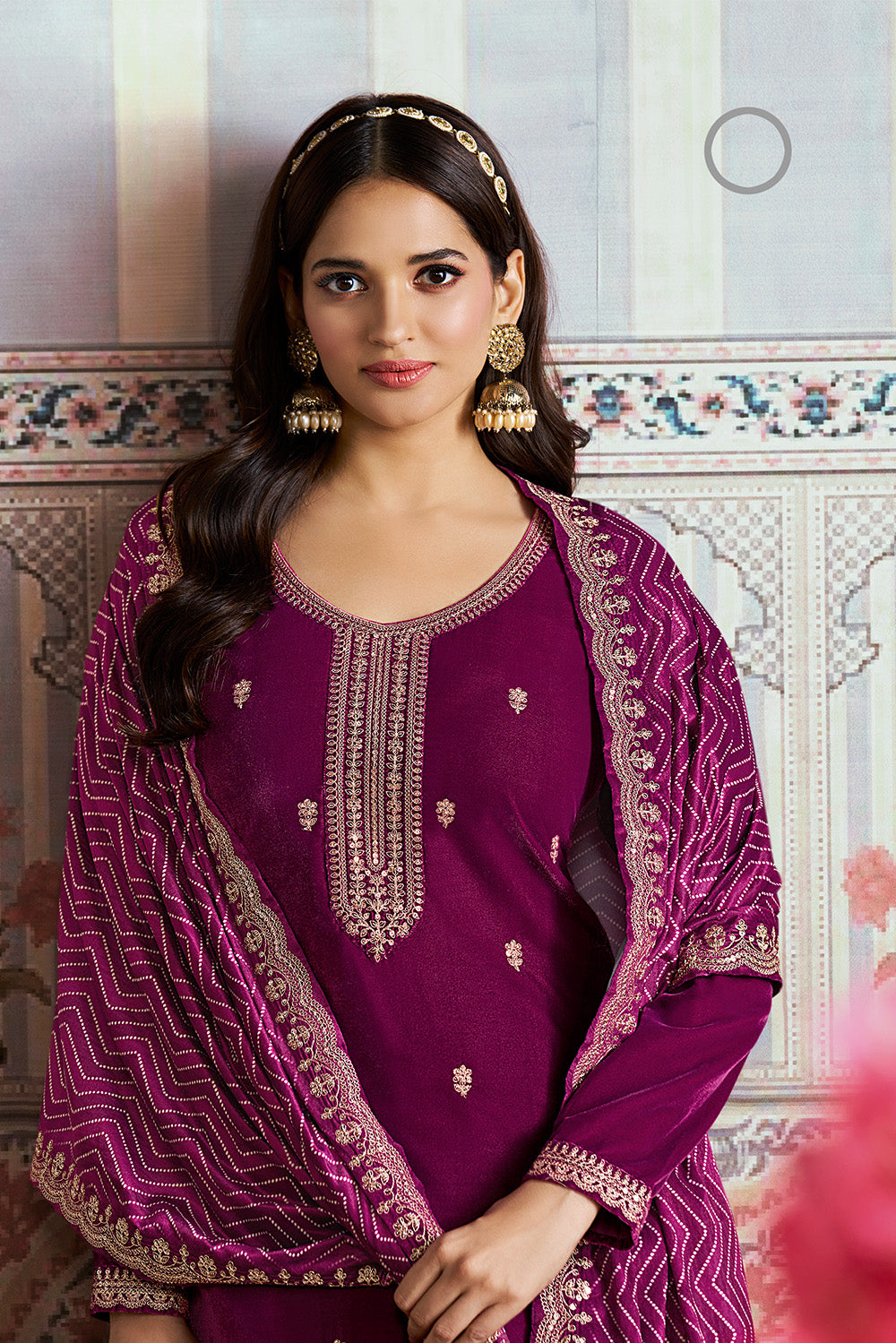Wine Velvet Sequins and Zari Embroidered Unstitched Suit Fabric