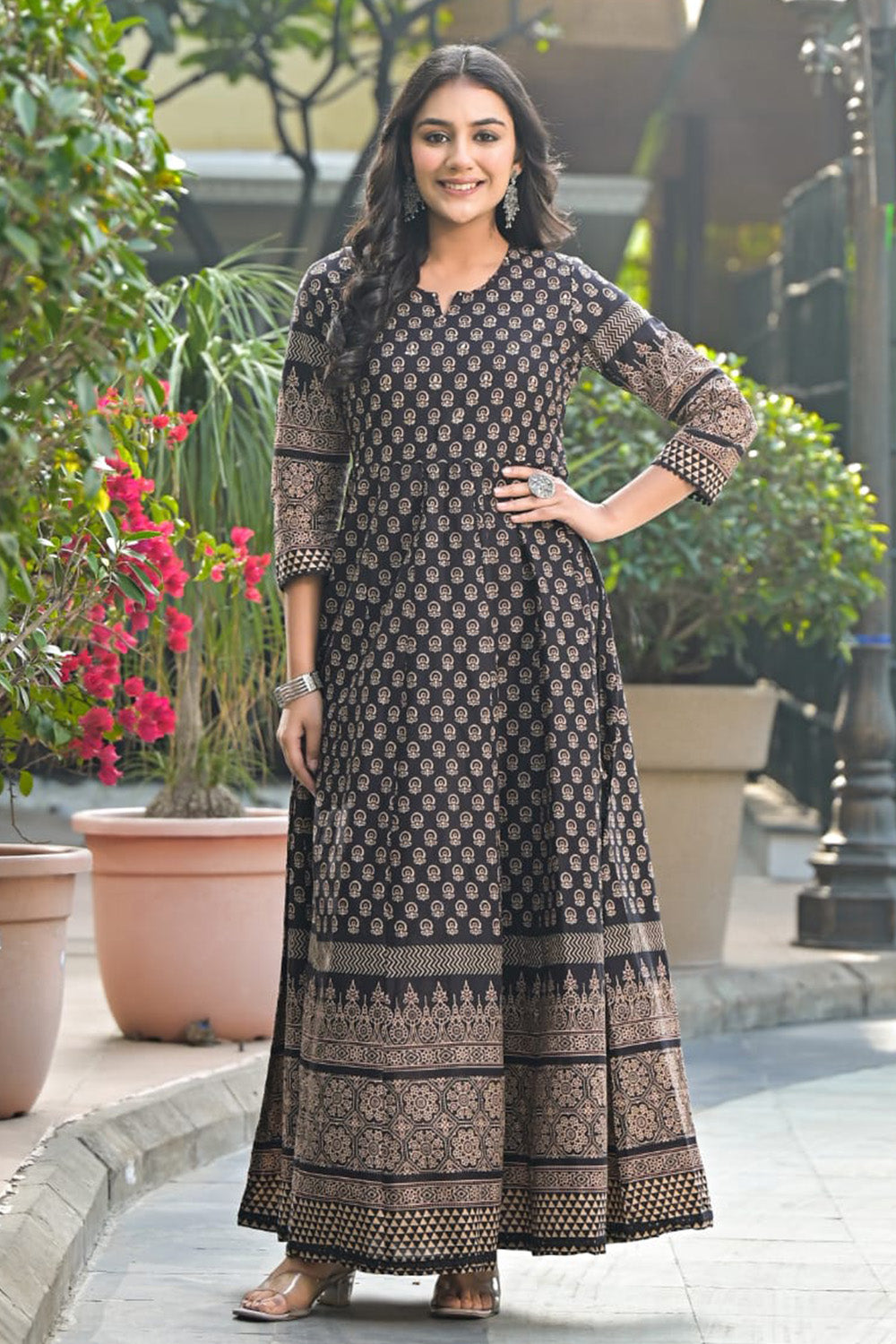 Black Color Printed Cotton Anarkali Kurti