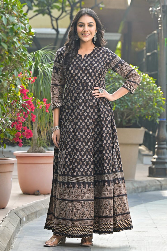 Black Color Printed Cotton Anarkali Kurti