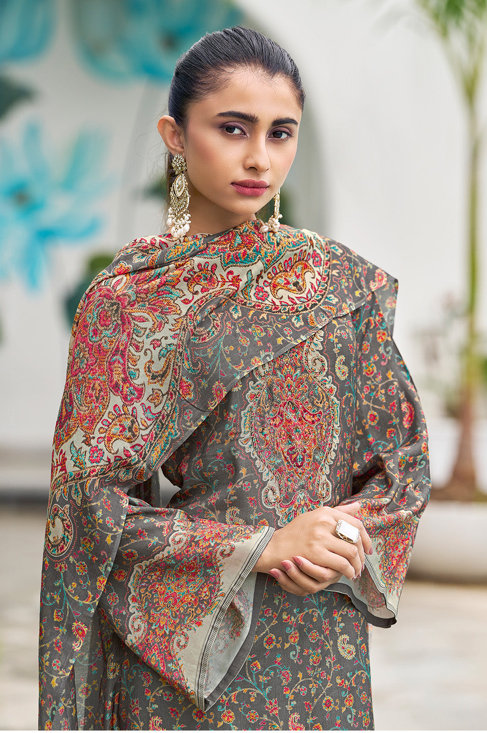 Grey Muslin Floral Printed Unstitched Suit Material