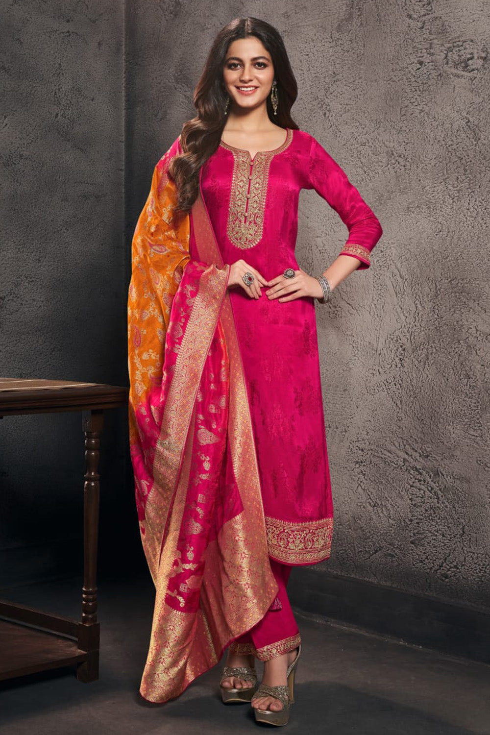 Carmine Silk Embroidered & Woven Suit Set