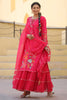 Hot Pink Color Muslin Embroidered & Floral Printed Kurta Set With Stitched Skirt