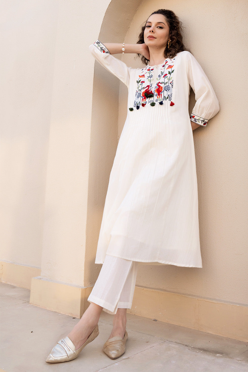 Cream Color Cotton Embroidered Kurta Set