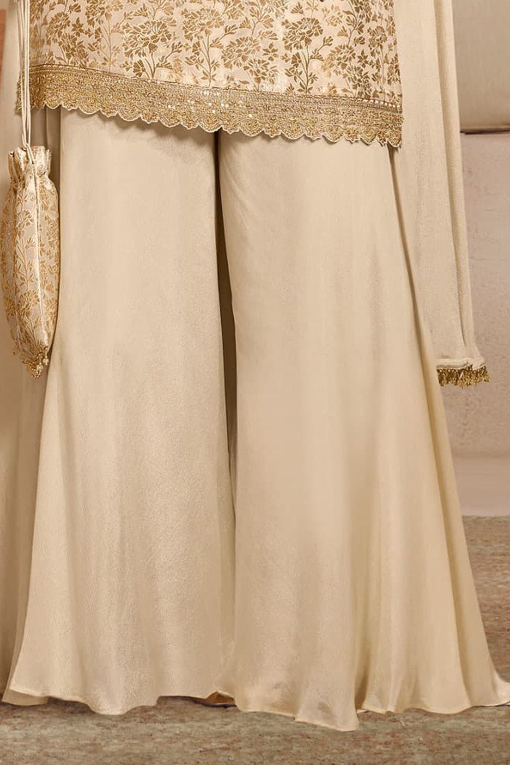 Cream Silk Woven and Neck-Embroidered Suit With Palazzo