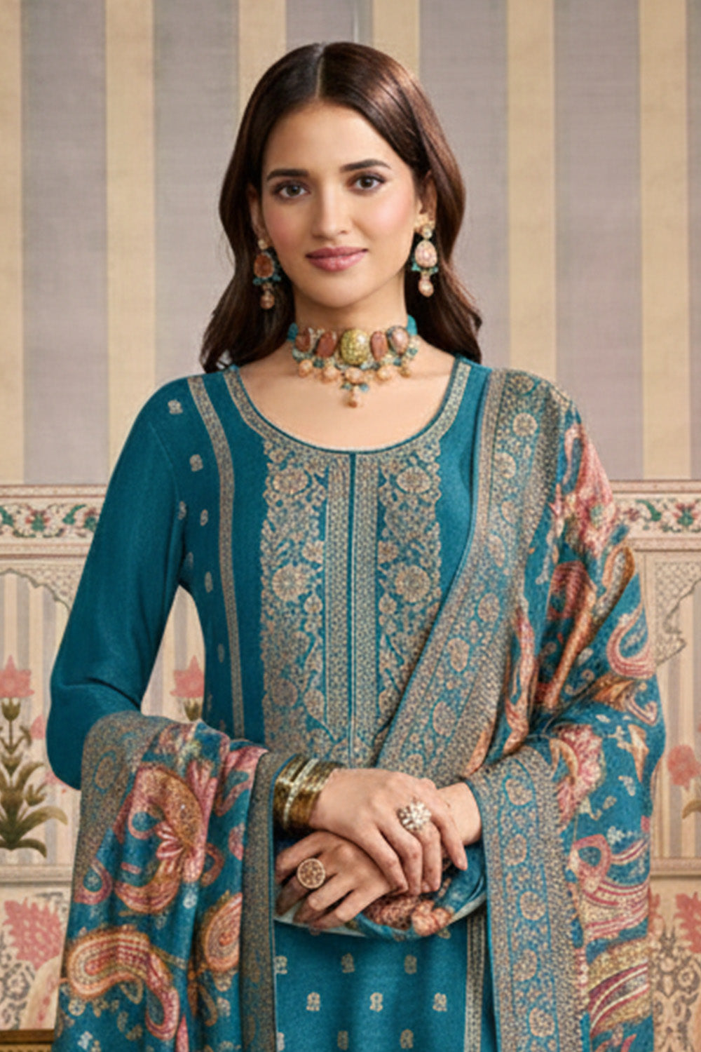 Blue Color Pashmina Woven Unstitched Suit Material