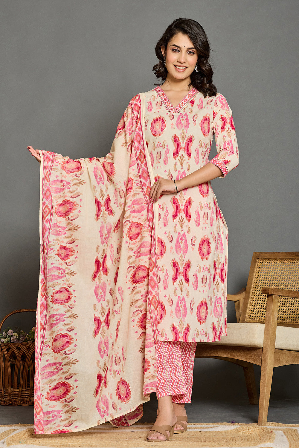 Cream & Pink Cotton Printed Straight Suit