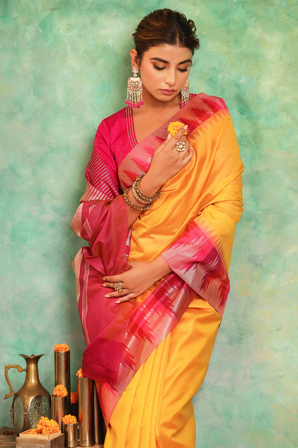 Mustard Color Cotton Silk Woven Saree