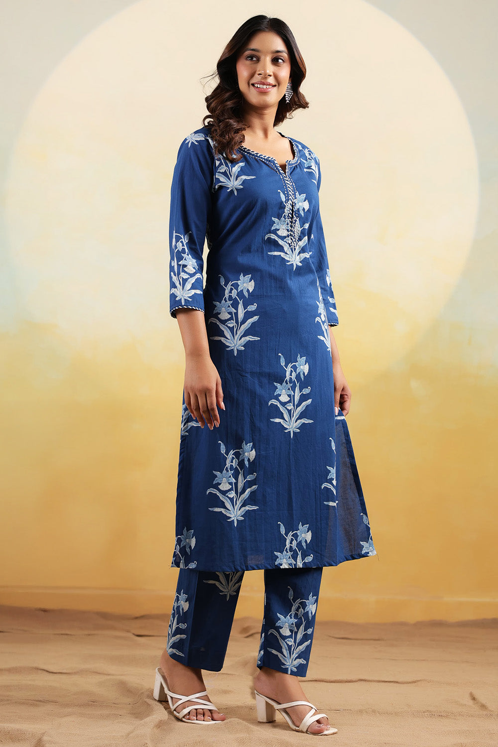 Blue Color Floral Printed Long Kurta Set