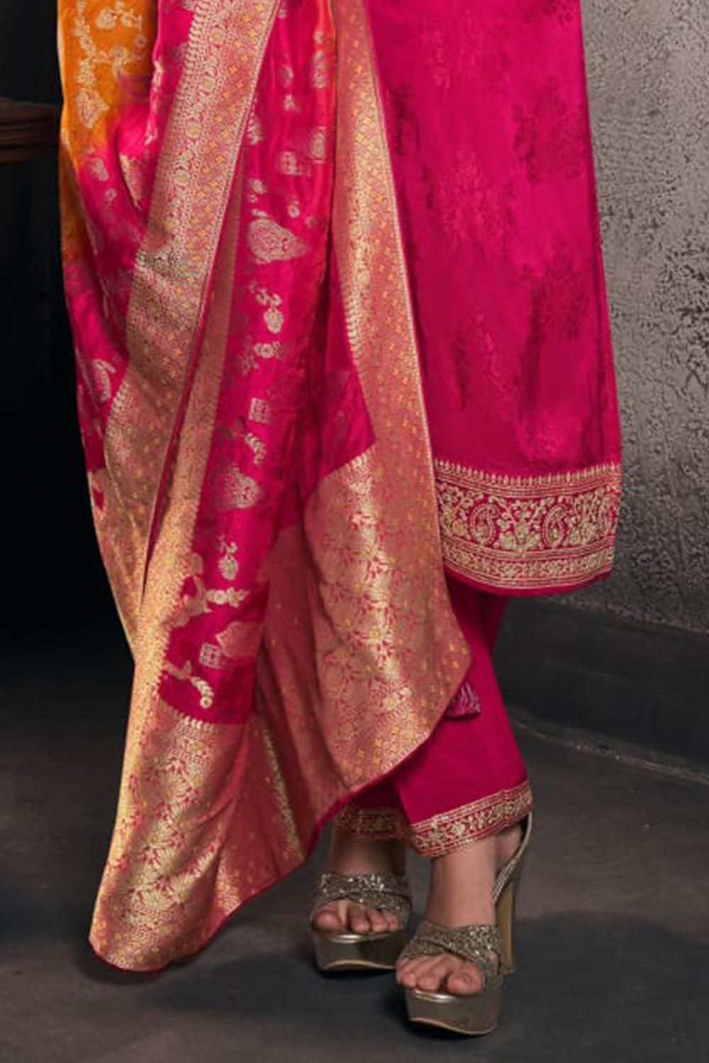 Carmine Silk Embroidered & Woven Suit Set