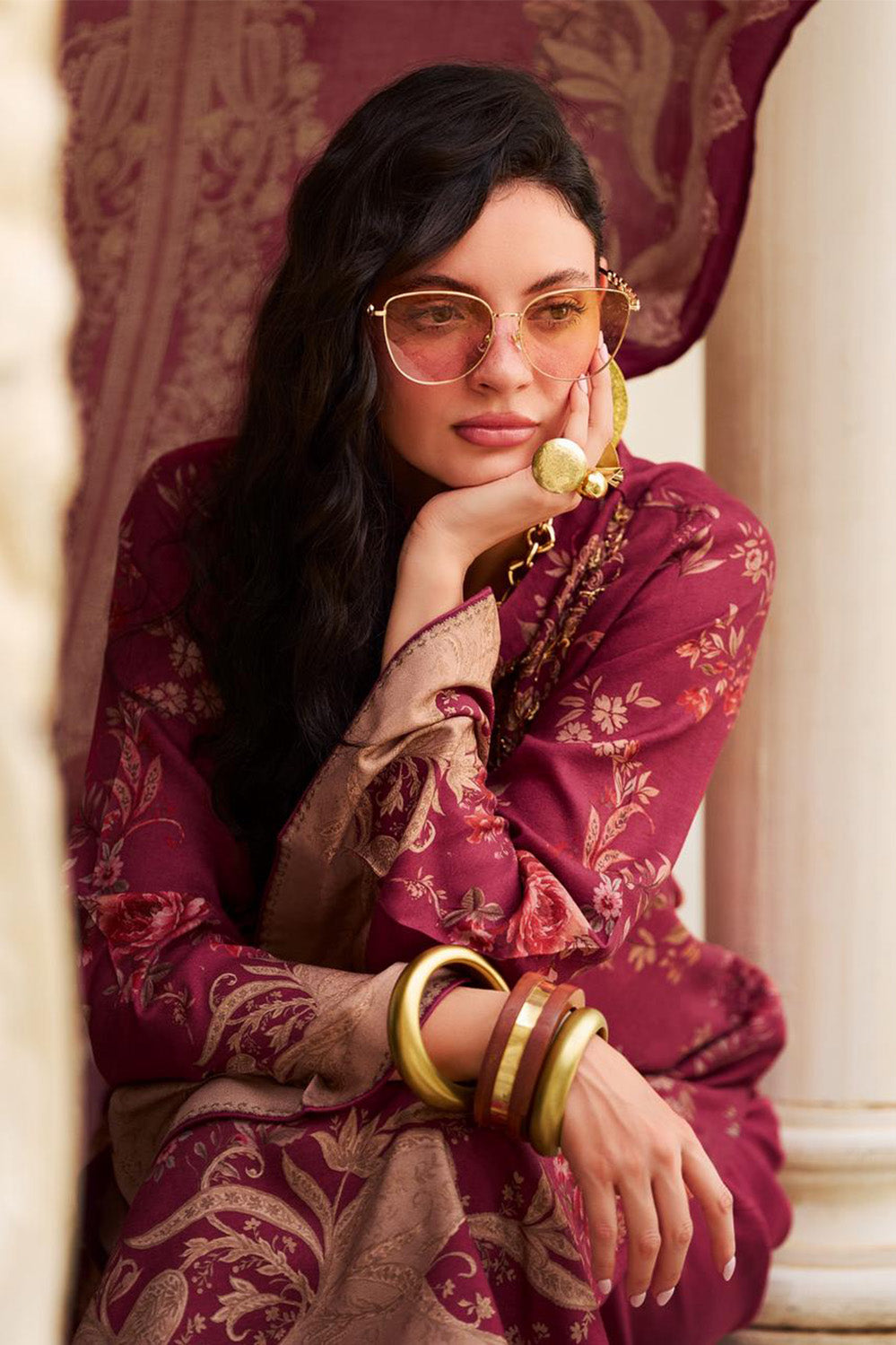 Maroon Spun Floral Printed Unstitched Suit Fabric