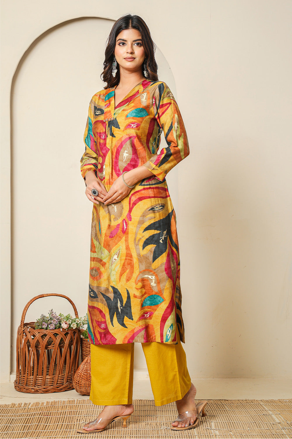 Mustard Abstract Printed Muslin Long Kurta