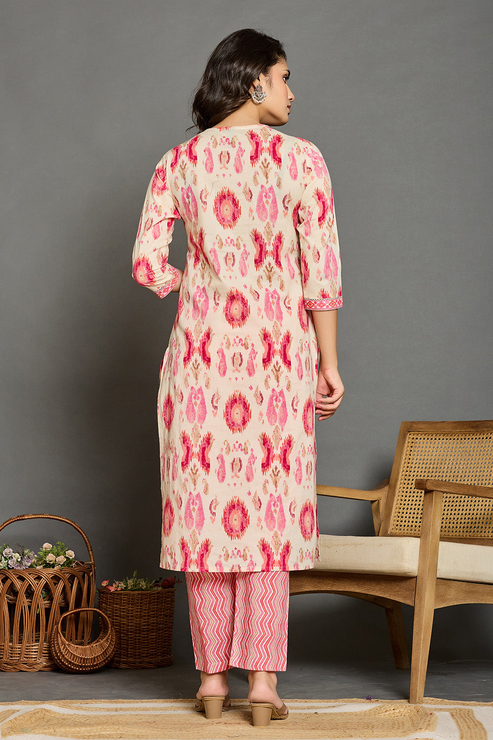 Cream & Pink Cotton Printed Straight Suit