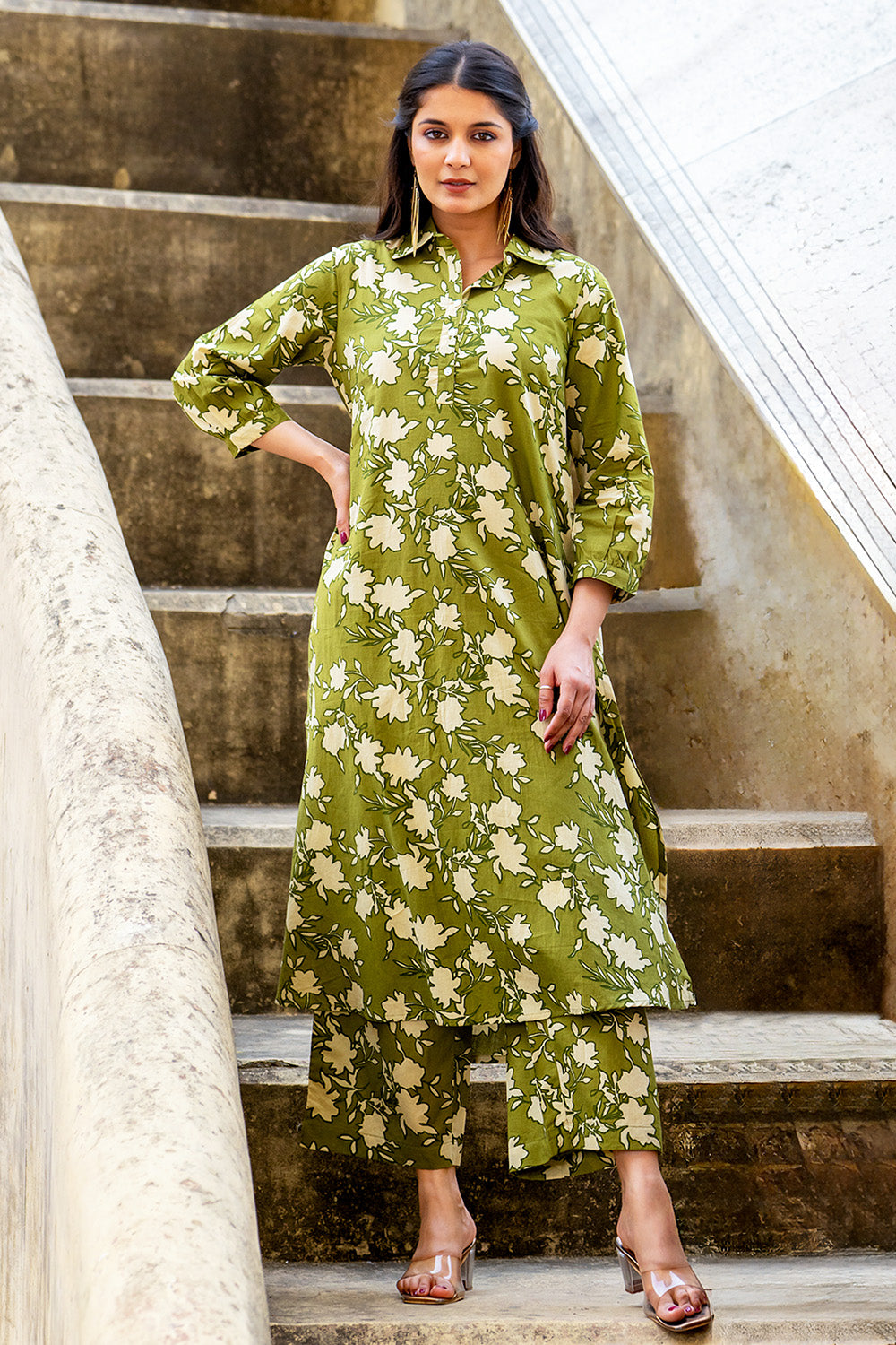 Green Floral Vine Printed Cotton Kurta Set