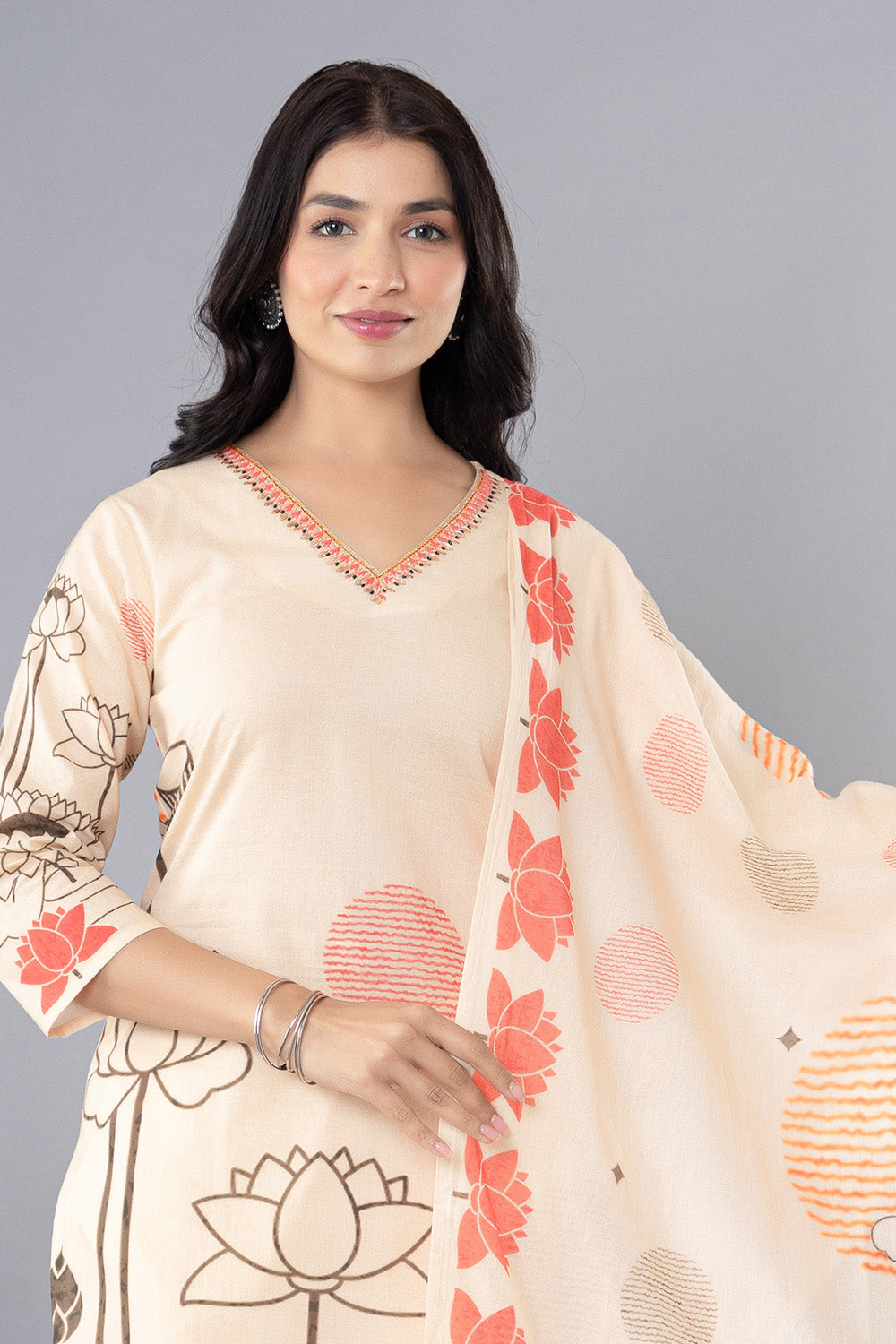 Light Peach Cotton Floral Printed Suit