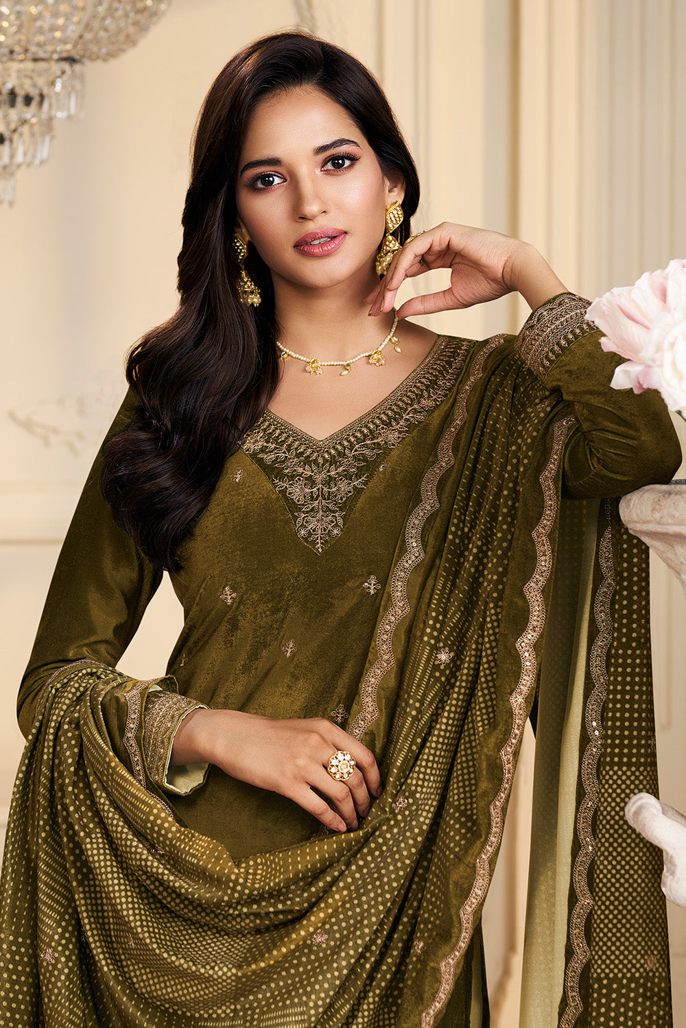 Olive Green Velvet Zari and Sequins Embroidered Unstitched Suit Fabric