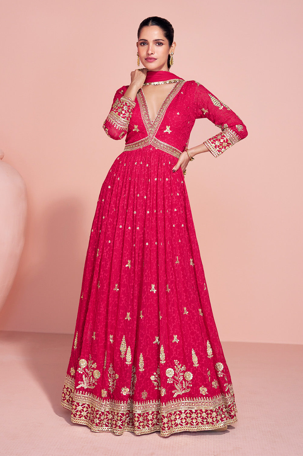 Magenta Georgette Resham, Zari and Sequins Embroidered Alia Cut Anarkali Gown