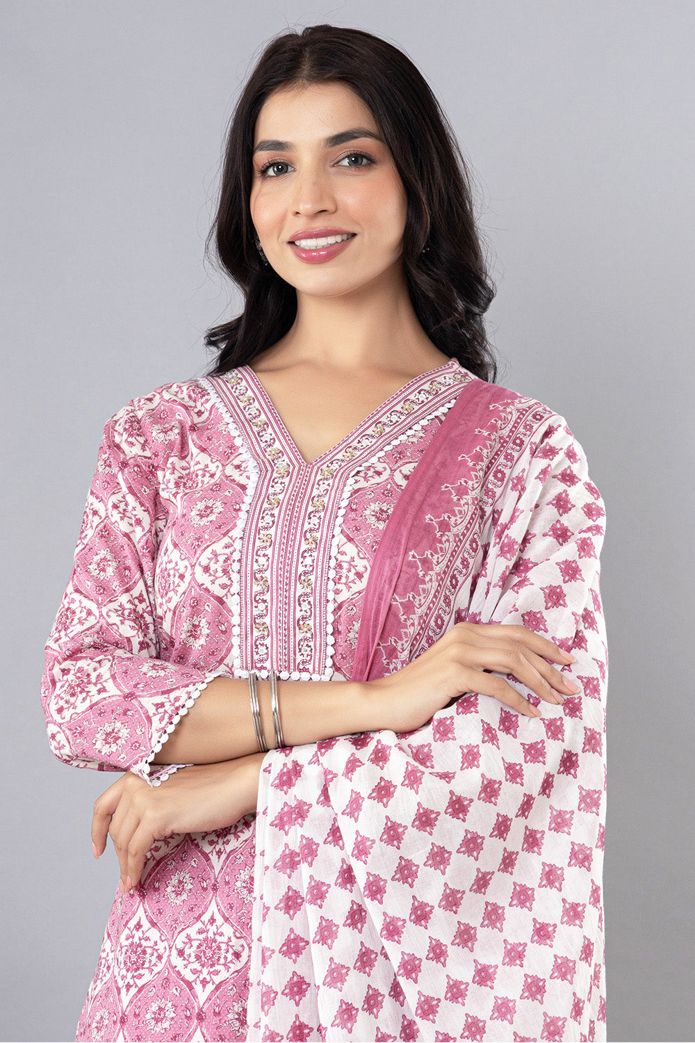 Onion Pink Cotton Floral Printed Suit