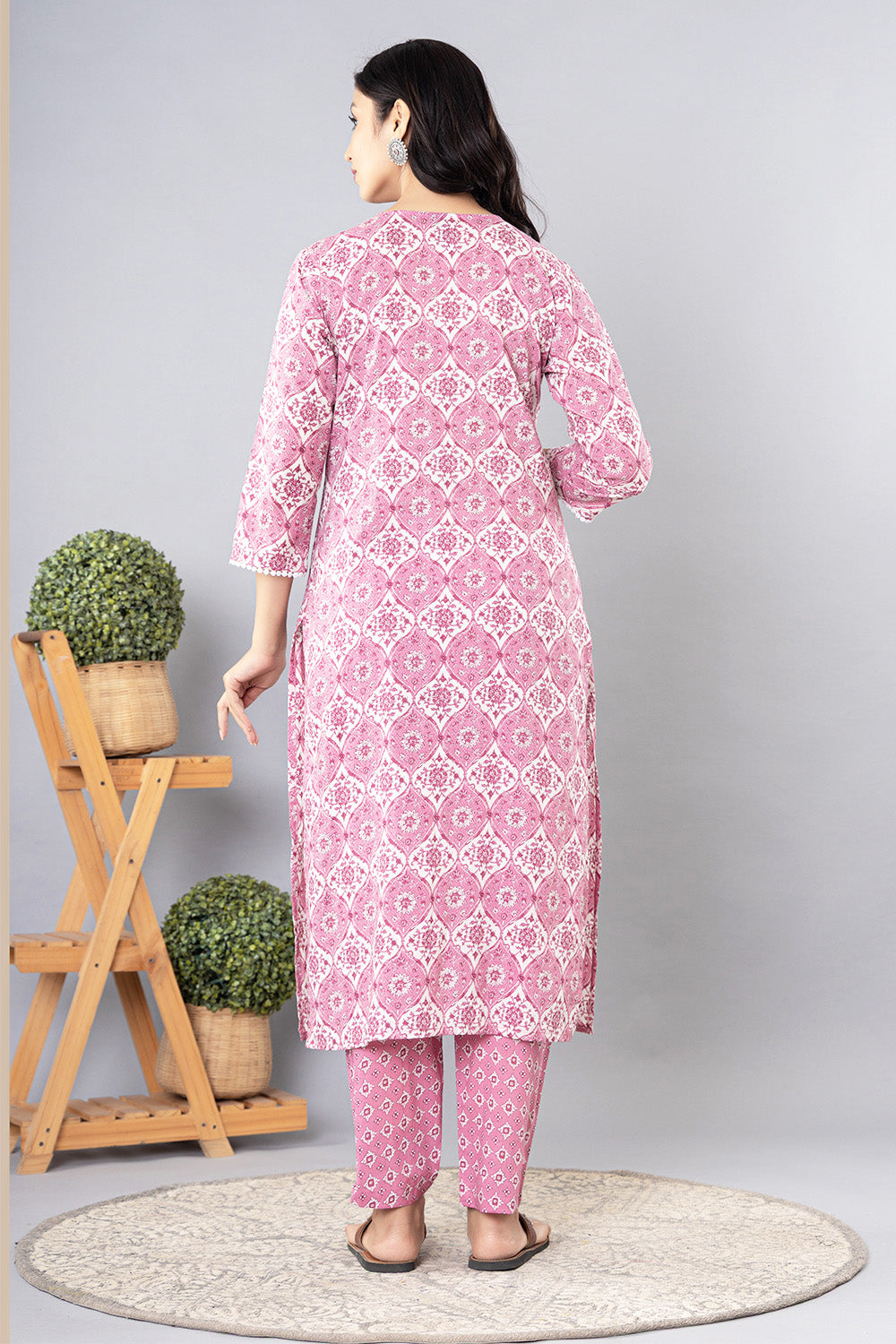 Onion Pink Cotton Floral Printed Suit