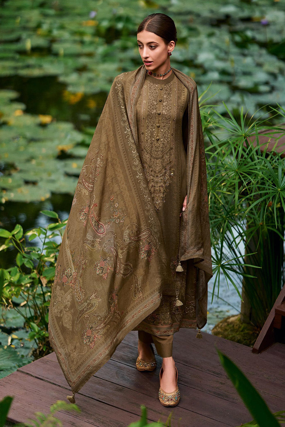 Brown Printed Spun Unstitched Suit Fabric