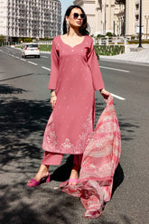 Coral Pink Rayon Cotton Embroidered Unstitched Suit Material