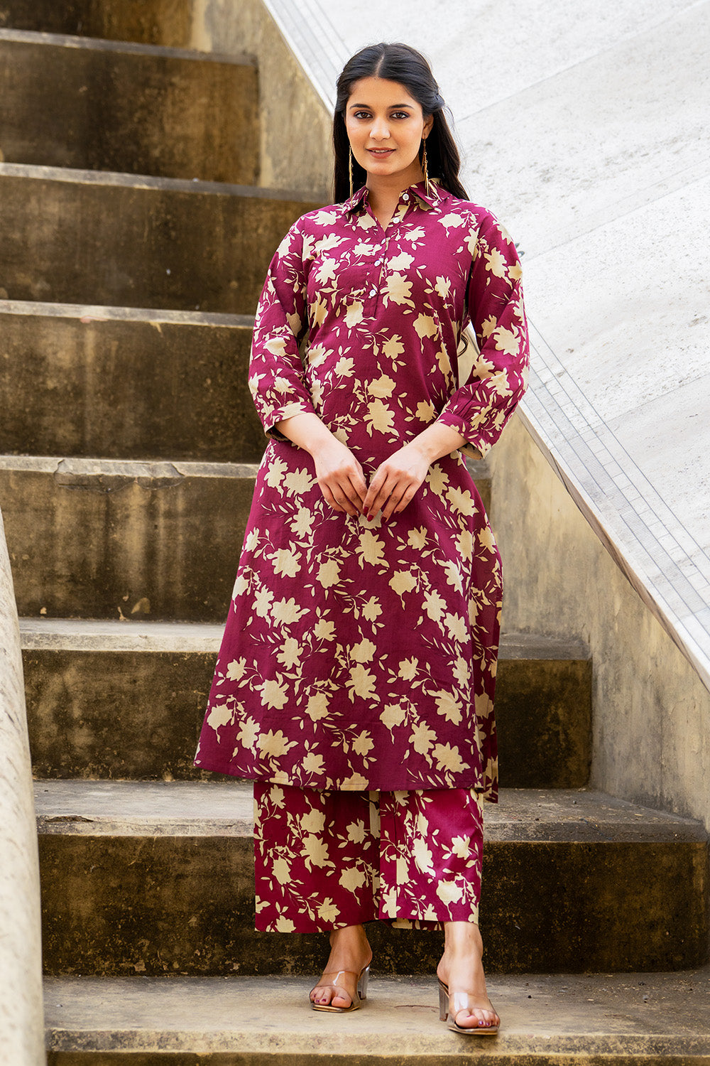 Wine Floral Vine Printed Cotton Kurta Set