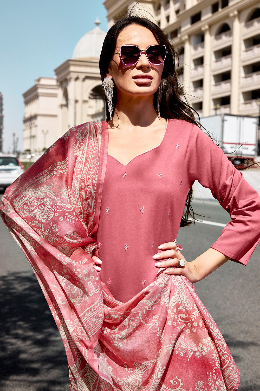 Coral Pink Rayon Cotton Embroidered Unstitched Suit Material