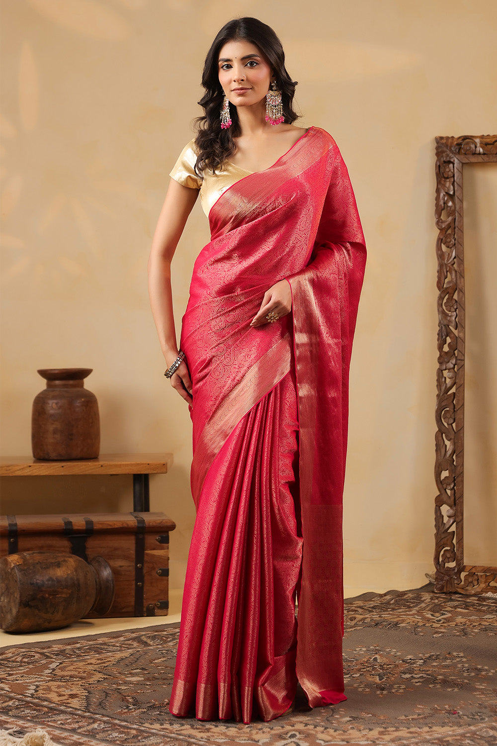 Rani Color Zari Woven Soft Silk Saree