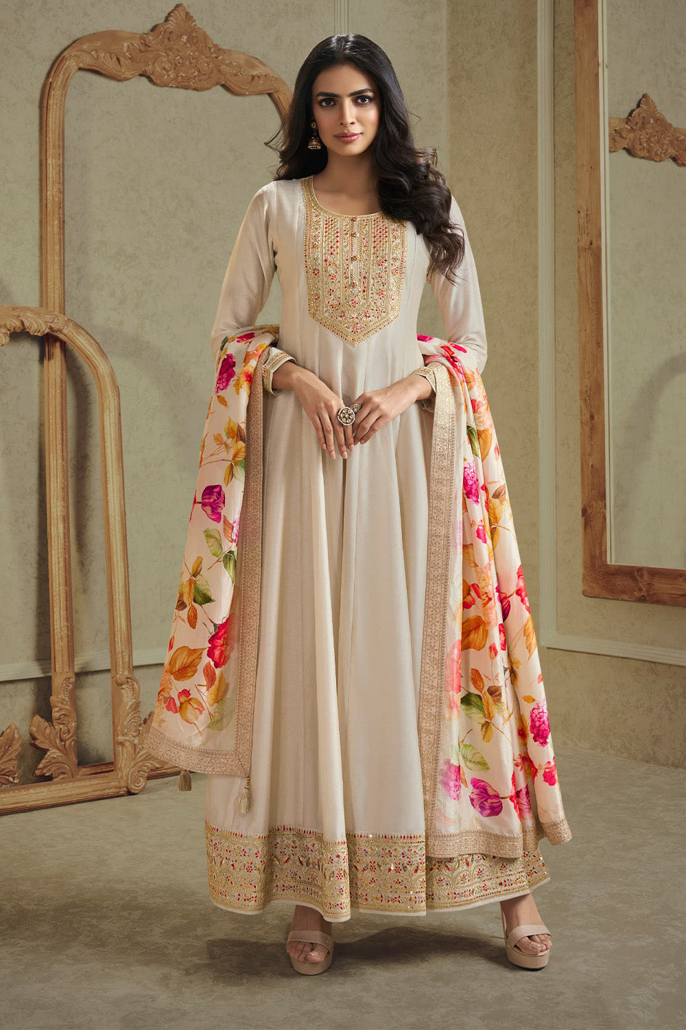 Embroidery Latest Anarkali Salwar Suit Cream Color Silk