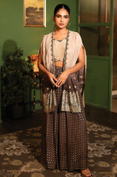 Beige & Brown Color Embroidered Crop-Top with Designer Palazzo and Jecket Set